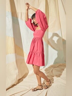 Cara Cara Sip Sip Puff Sleeve Floral Mini Dress Raspberry Pink Tiered Cotton S